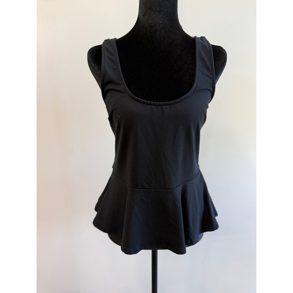 Bebe Womens Black Sleeveless Lace Back Peplum Top Scoop Neck Size Large